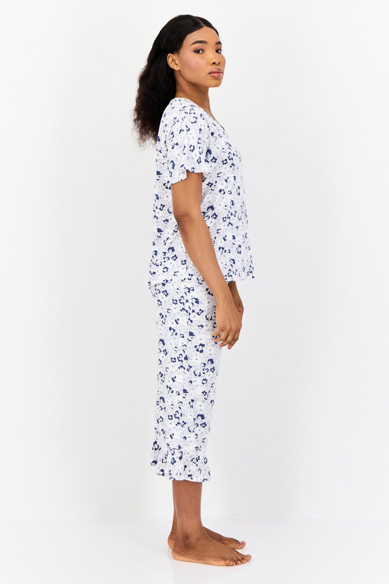 Jones New York طقم بيجاما نسائي من قطعتين بأكمام قصيرة وطباعة زهور، متعدد الألوان - Image 4